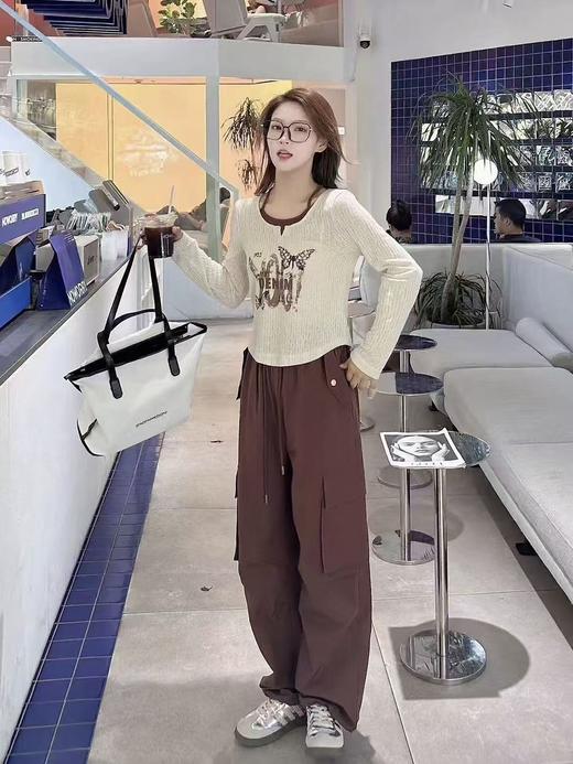 418良粉节|2026 活动爆款【自营】衣周期～（二件套）Q63米色假两件长袖上衣➕休闲两穿工装裤套装-喜出 商品图1