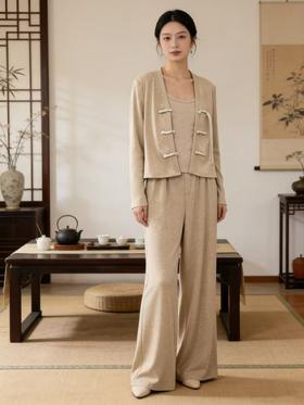 活动爆款【自营】衣周期～（三件套）417新中式针织外搭➕背心➕休闲直筒裤套装-喜出