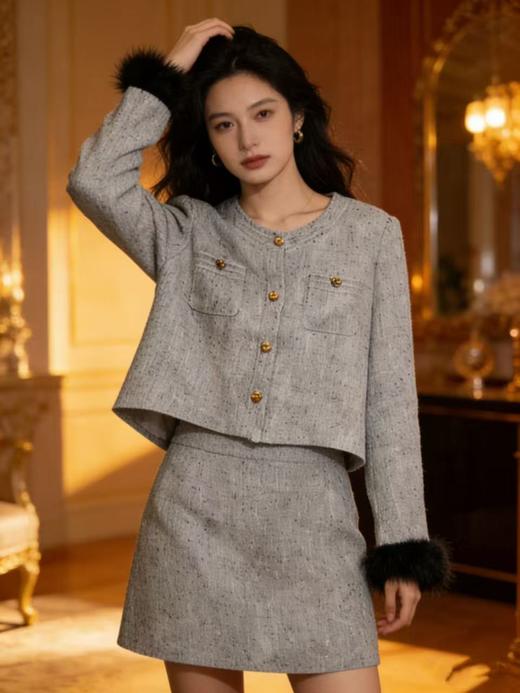 活动爆款【自营】衣周期～（二件套）Q27名媛风小香风羽毛袖外套➕半身短裙套装-喜出 商品图3