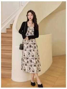 418良粉节|2026 活动爆款【自营】衣周期～（二件套）Q26针织外搭➕蝴蝶吊带挂脖连衣裙套装-喜出