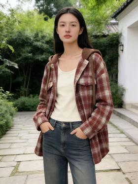 活动爆款【自营】衣周期～082红格连帽衬衫外套（不含吊带）-喜出