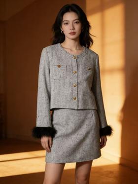 活动爆款【自营】衣周期～（二件套）Q27名媛风小香风羽毛袖外套➕半身短裙套装-喜出