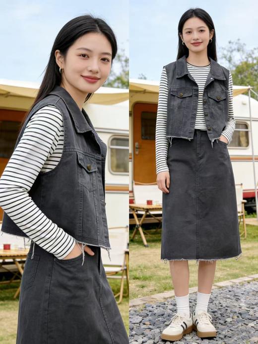 418良粉节|2026 活动爆款【自营】衣周期～（三件套）Q23牛仔马甲➕超软条纹衫➕牛仔半裙套装-喜出 商品图0