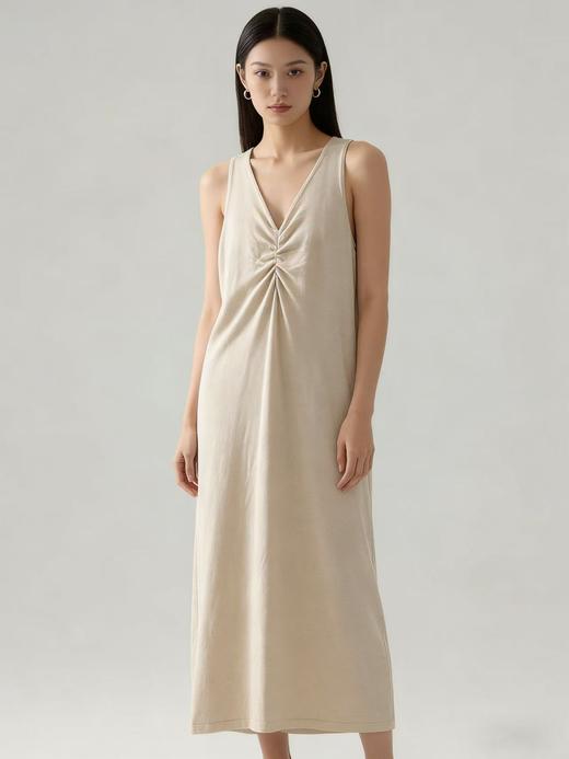 418良粉节|2026 活动爆款【自营】衣周期～（超软糯）020 V领褶皱设计感针织长款背心连衣裙-喜出 商品图1