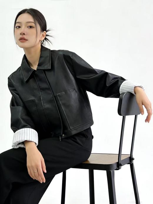 活动爆款【自营】衣周期～米娜外套013 PU黑色条纹卷边袖短款皮衣-喜出 商品图1