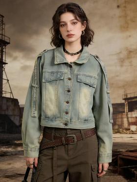 活动爆款【自营】衣周期～226飘带款做旧风复古牛仔外套-喜出