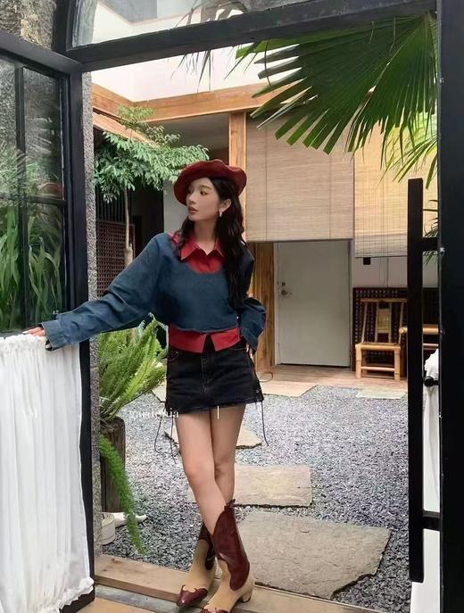 活动爆款【自营】衣周期～（两件套）816牛仔长袖➕红色无袖衬衫上衣套装-喜出 商品图1