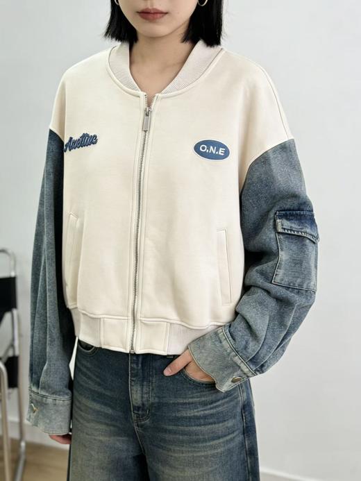 活动爆款【自营】衣周期～991棒球领拼牛仔袖休闲外套（单件上衣）-喜出 商品图1