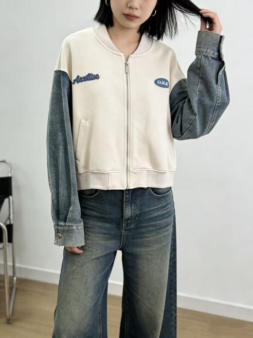 活动爆款【自营】衣周期～991棒球领拼牛仔袖休闲外套（单件上衣）-喜出 商品图2