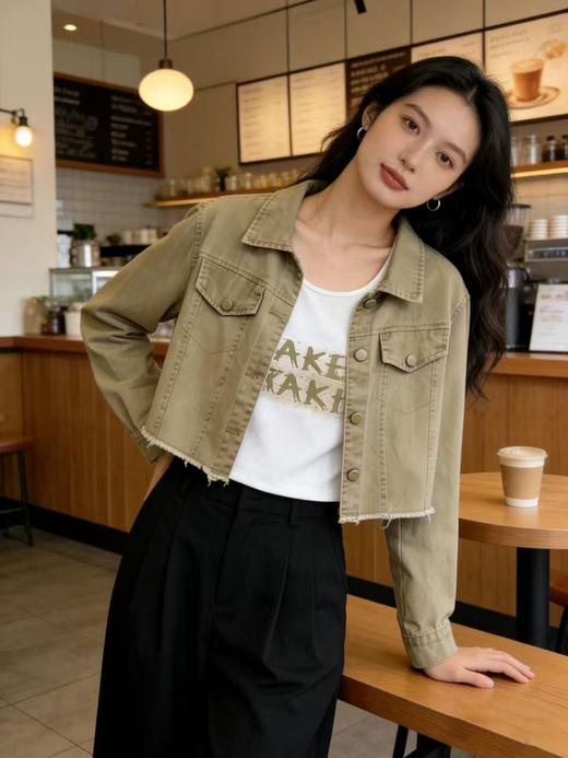 活动爆款【自营】衣周期～（两件套）卡其牛仔毛边外套➕背心短款两件套-喜出 商品图1