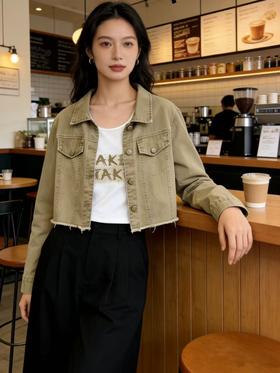 活动爆款【自营】衣周期～（两件套）卡其牛仔毛边外套➕背心短款两件套-喜出