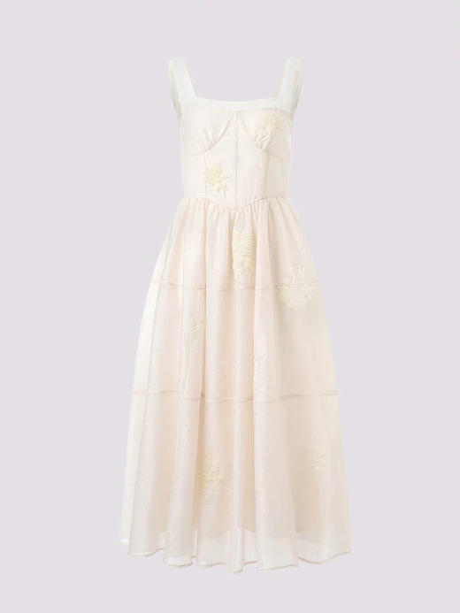 玛克门店发货:MAXRIENY绣花仙气方领连衣裙甜美田园暗纹提花a摆端庄气质长裙女货号:MC85DR297 商品图4