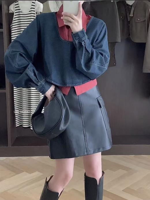 活动爆款【自营】衣周期～（两件套）816牛仔长袖➕红色无袖衬衫上衣套装-喜出 商品图2