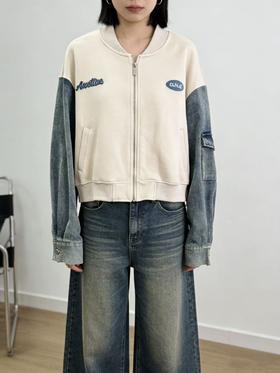 活动爆款【自营】衣周期～991棒球领拼牛仔袖休闲外套（单件上衣）-喜出