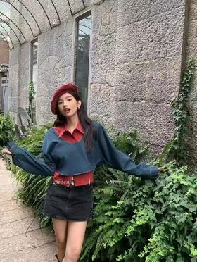 活动爆款【自营】衣周期～（两件套）816牛仔长袖➕红色无袖衬衫上衣套装-喜出