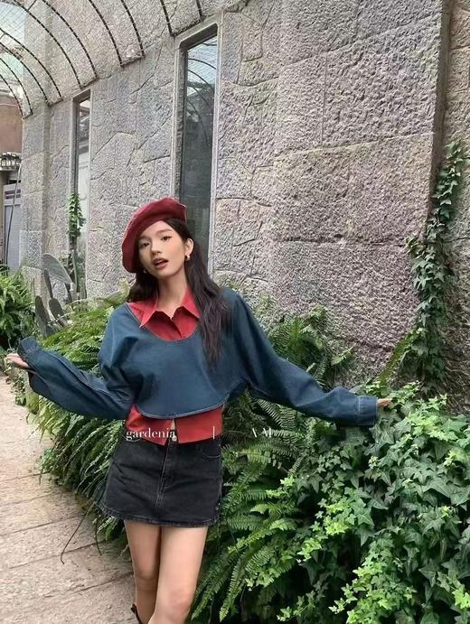 活动爆款【自营】衣周期～（两件套）816牛仔长袖➕红色无袖衬衫上衣套装-喜出 商品图0
