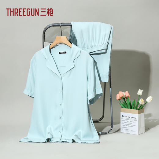 Threegun三枪 爽滑隐条翻领开襟短袖长裤女家居套-82124D011 商品图6