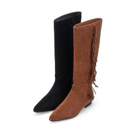 westory2024秋季新款美拉德真皮流苏尖头平底时尚高筒靴女W24DQ83951