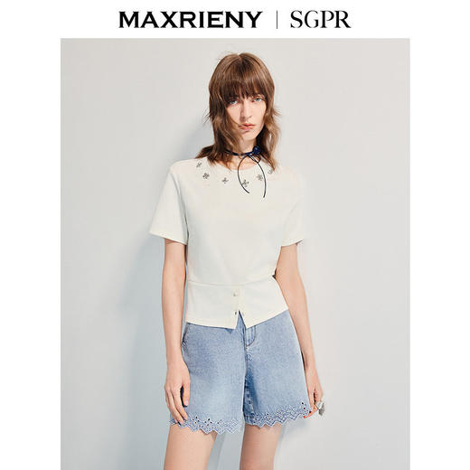 【SGPR】精致日常钻饰下摆两穿短袖T恤25夏修身上衣(货号:MU86TS251) 商品图2