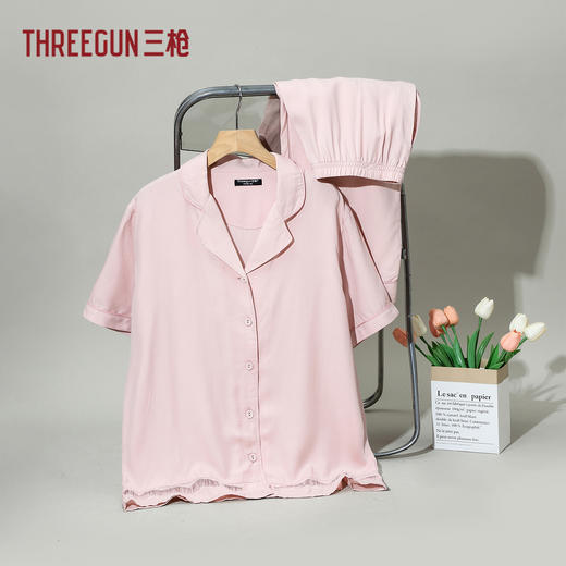 Threegun三枪 爽滑隐条翻领开襟短袖长裤女家居套-82124D011 商品图1