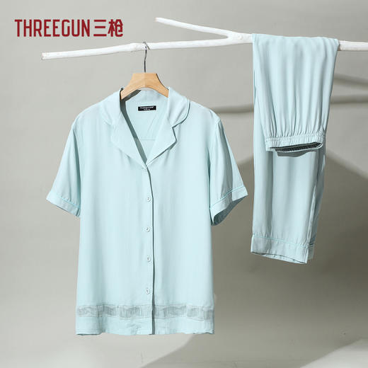 Threegun三枪 爽滑隐条翻领开襟短袖长裤女家居套-82124D011 商品图7
