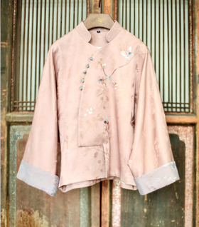 盛唐牡丹大师系列-卢梅红 | 真丝手绣偏襟外套-粉色(盛唐牡丹与非遗传承人卢梅红联名系列)