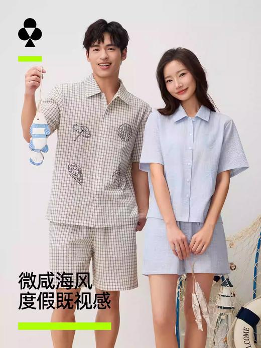 【微成海风】刺绣家居服有棵树睡衣女款春泡泡纱男士短袖刺绣家居服可外穿春夏季情侣套装 商品图0