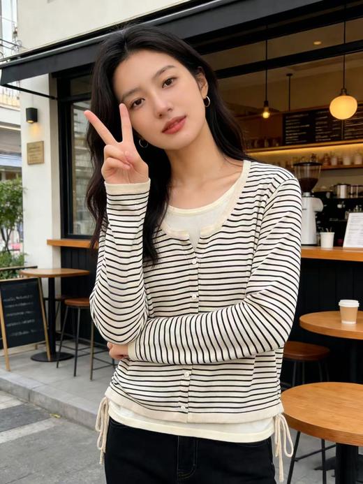 羊毛衫！春薄款！品牌促➡️【自营】衣周期格亿（30%羊毛）8529假两件花纱条纹羊毛开衫-喜出 商品图2