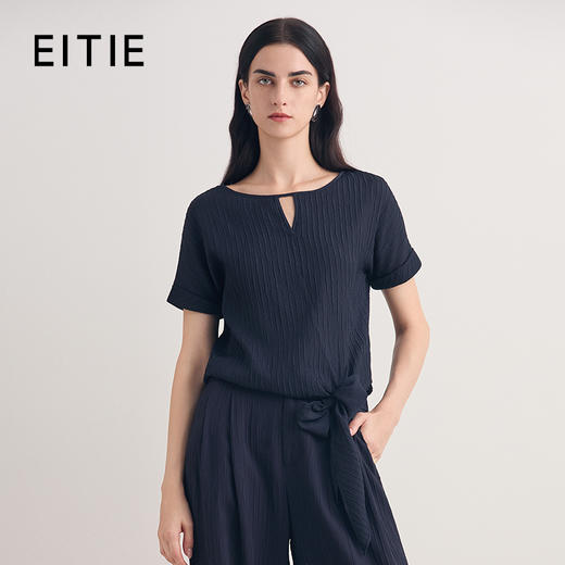 EITIE爱特爱水滴领镂空百搭显瘦休闲套头上衣T恤2026夏新新款8613308 商品图0