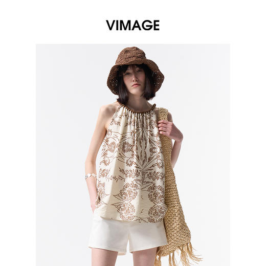 VIMAGE纬漫纪度假风挂脖露肩显瘦无袖印花上衣2026夏季新款V2513221 商品图1