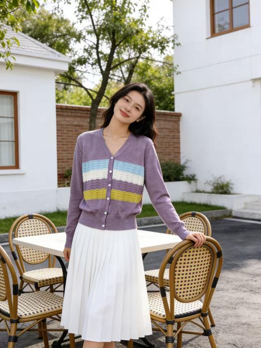 享8折优惠|五一大促羊毛衫！春薄款！品牌促➡️【自营】衣周期格亿（30%羊毛）8554 V领彩色条花纱拼色羊毛开衫-喜出 商品图4