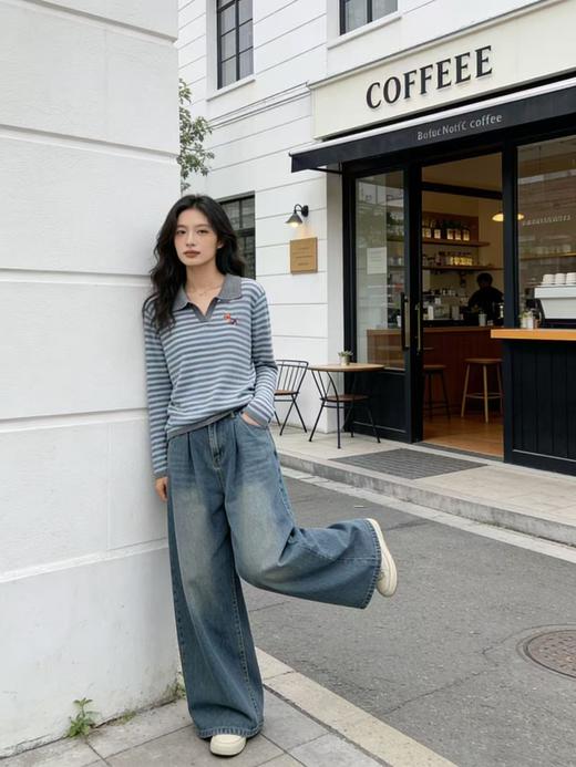 418良粉节|2026 活动爆款 羊毛衫！春薄款！品牌促➡️【自营】衣周期格亿（30%羊毛）3589小马刺绣翻领针织条纹羊毛衫-喜出 商品图3