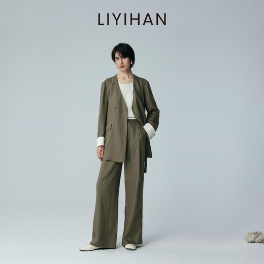 LIYIHAN 2026夏季新款通勤女西装绿色上衣亚麻外套套装小众设计感 商品图3