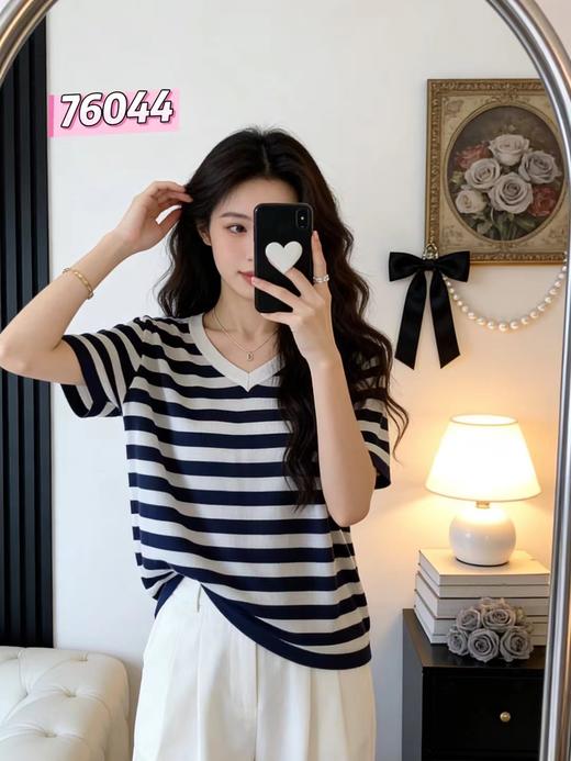 LS竹纤维女士时尚V领条纹针织半袖76044 商品图0