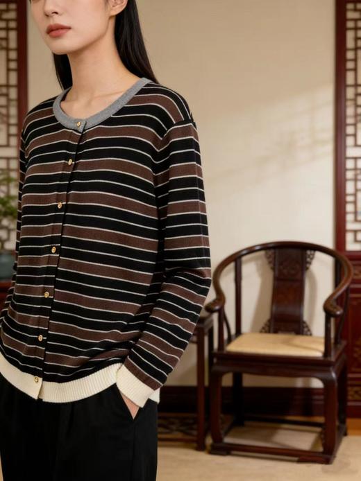 羊毛衫！春薄款！品牌促➡️【自营】衣周期格亿（30%羊毛）3597针织条纹花纱羊毛开衫-喜出 商品图5