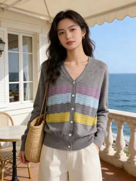 羊毛衫！春薄款！品牌促➡️【自营】衣周期格亿（30%羊毛）8554 V领彩色条花纱拼色羊毛开衫-喜出