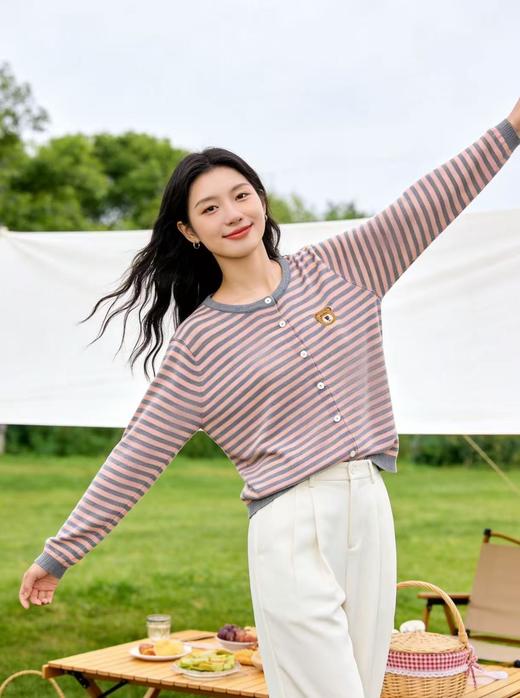 羊毛衫！春薄款！品牌促➡️【自营】衣周期格亿（30%羊毛）8925小熊刺绣针织条纹羊毛开衫-喜出 商品图1