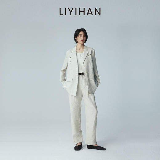 LIYIHAN2026夏新款通勤女西装上衣米杏色亚麻外套套装小众设计感 商品图1
