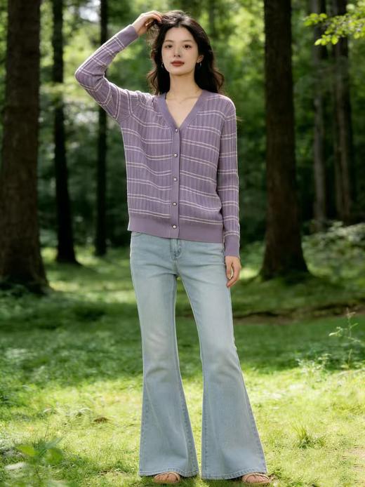 418良粉节|2026 活动爆款 品牌促➡️春薄款羊毛衫【自营】衣周期格亿（30%羊毛）6908 V领针织条纹花纱羊毛开衫-喜出 商品图3