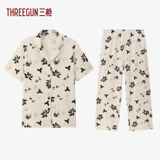 Threegun三枪 冰泉棉翻领开襟短袖长裤女家居套-T80148D02 商品图0