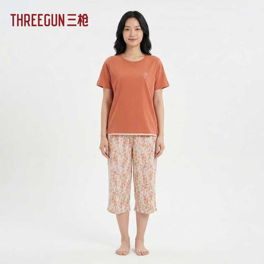 Threegun三枪 冰泉棉圆领短袖中裤女家居套-T80023D02 商品图1