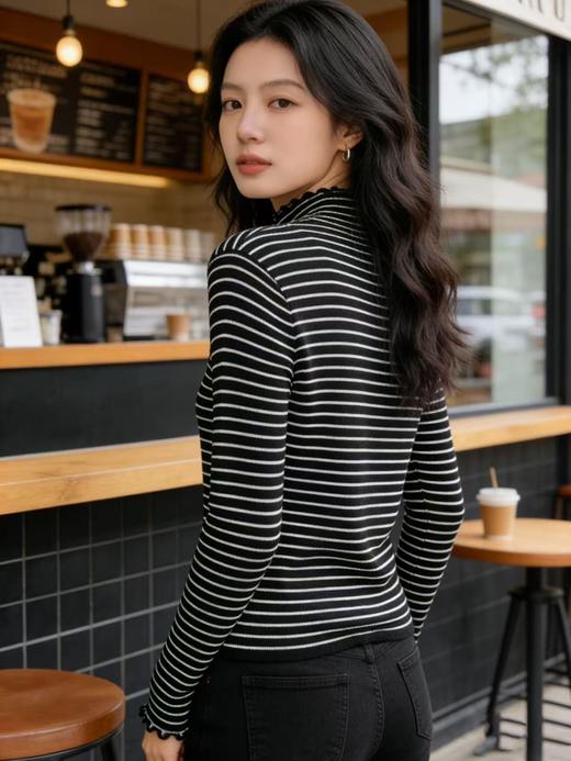 418良粉节|2026 活动爆款 羊毛衫！春薄款！品牌促➡️【自营】衣周期格亿（6%羊毛）9196木耳边半高领条纹百搭针织上衣-喜出 商品图2