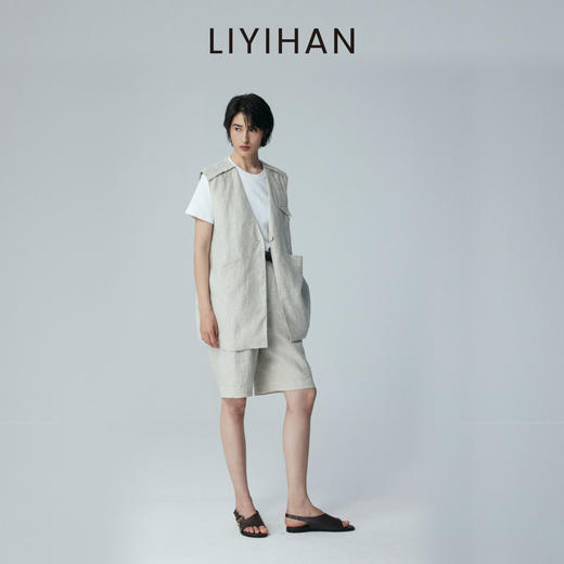 LIYIHAN 2026夏新款通勤马甲米杏色女马夹亚麻上衣套装小众设计感 商品图2