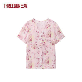 Threegun三枪 水柔棉印花V领开襟短袖女衫-T80032A01