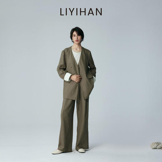 LIYIHAN 2026夏季新款通勤女西装绿色上衣亚麻外套套装小众设计感 商品图2