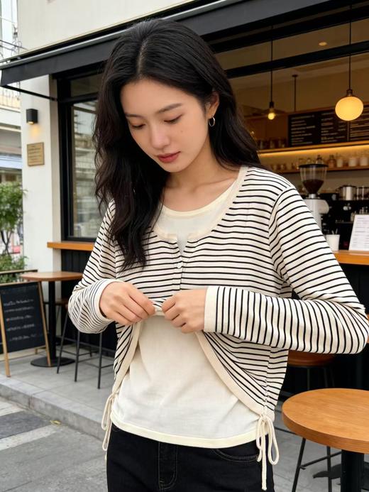 羊毛衫！春薄款！品牌促➡️【自营】衣周期格亿（30%羊毛）8529假两件花纱条纹羊毛开衫-喜出 商品图3