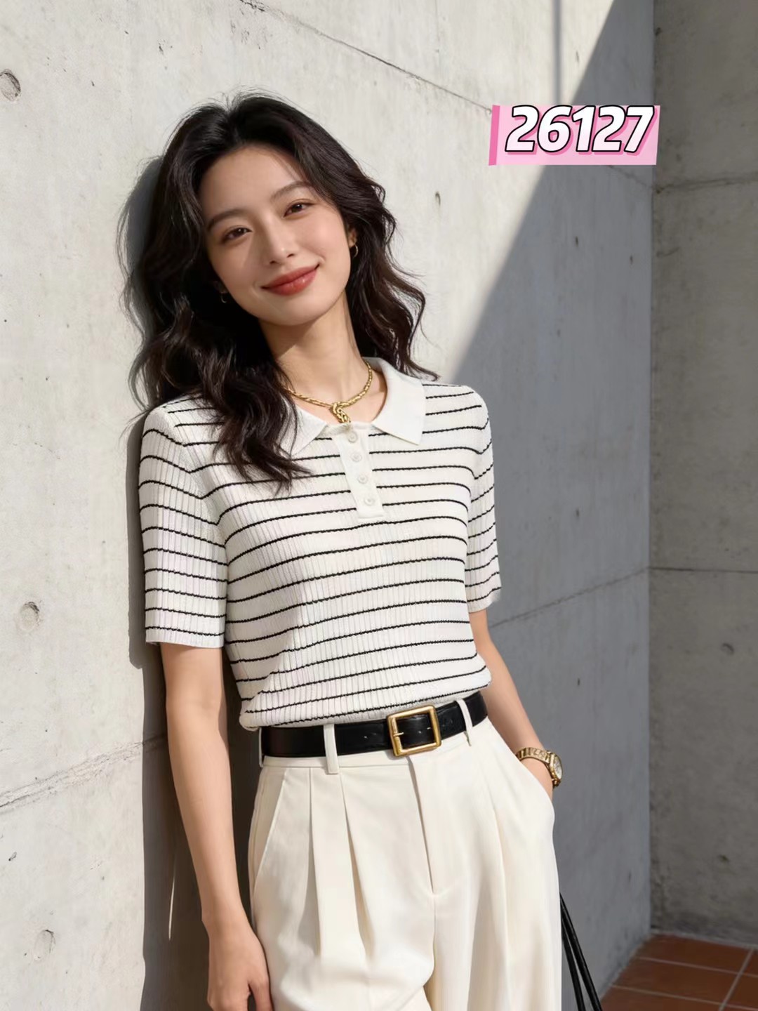 LS竹纤维女士时尚翻领四粒扣针织半袖26127