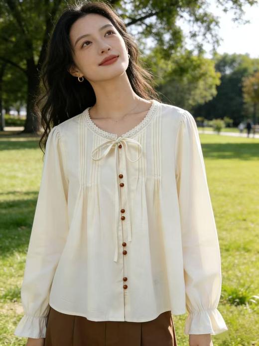 418良粉节|2026 活动爆款 品牌促【自营】衣周期 7906韩版100%棉圆领系带压褶圆领小衫上衣-喜出 商品图1