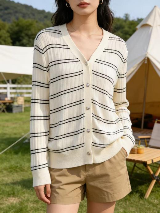 享8折优惠|五一大促羊毛衫！春薄款！品牌促➡️【自营】衣周期格亿（30%羊毛）6908 V领针织条纹羊毛开衫-喜出 商品图1