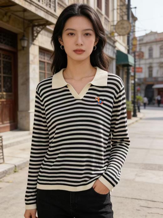 418良粉节|2026 活动爆款 羊毛衫！春薄款！品牌促➡️【自营】衣周期格亿（30%羊毛）3589小马刺绣翻领针织条纹羊毛衫-喜出 商品图5